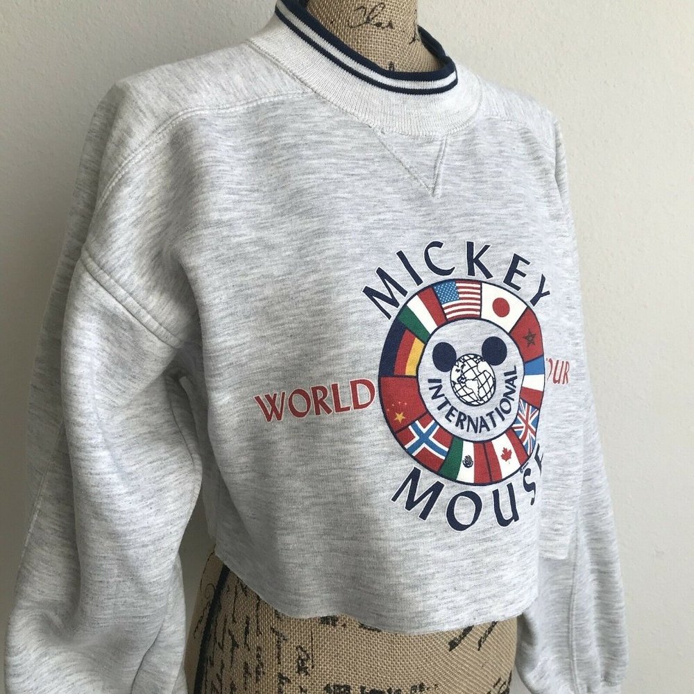Vintage 90s Mickey Mouse World Tour Sweatshirt Adult Medium Cropped Disney Wear - Picture 2 of 11